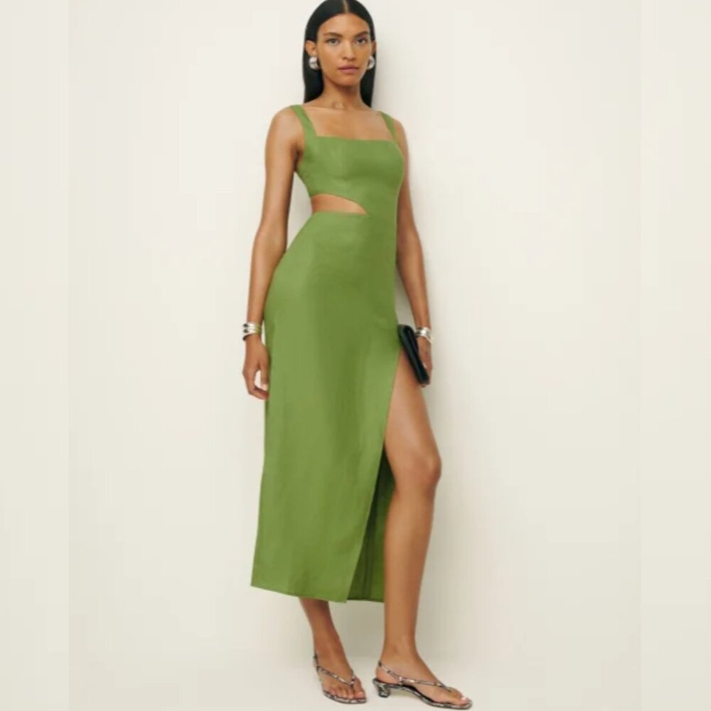 NWOT Reformation Satori Linen Dress in Avocado Green Sleeveless Maxi Size 8
